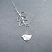 Sterling Silver, Bird Necklace with Branch 'Melody' Lariat Style, Sterling Silver Rolo Chain and White Gold Plated