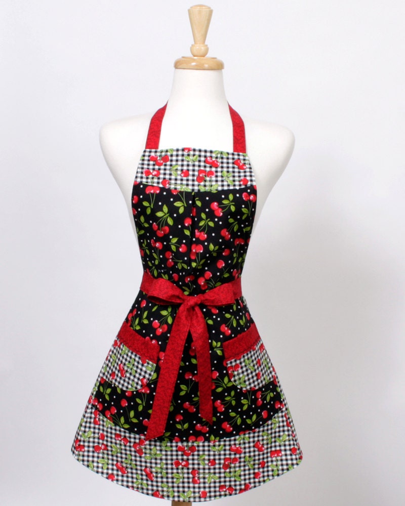 Full Women Cherry Apron Cherries Black Red and White