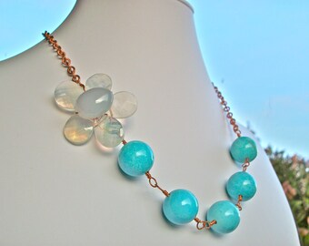 Gemstone flower necklace, asymmetrical beaded flower necklace wire wrapped pineapple quartz, magnesite turquoise, blue chalcedony, copper