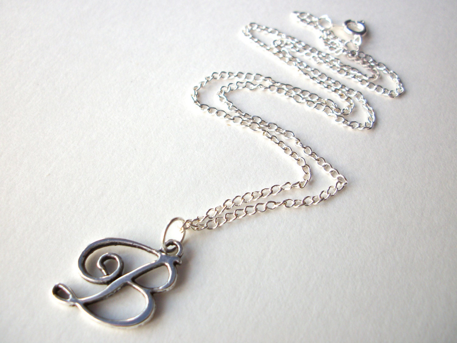 Initial B Necklace Letter B Jewelry Antiqued Script Silver