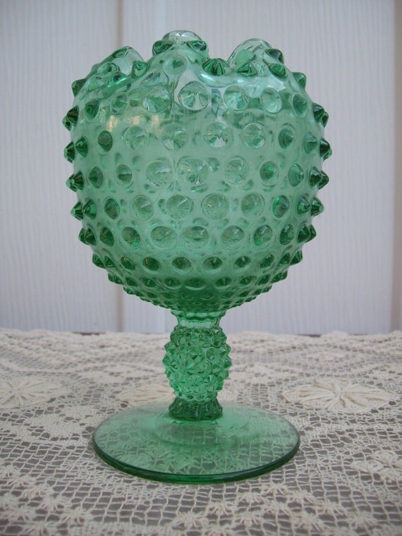 Vintage Green Glass Hobnail Goblet Vase