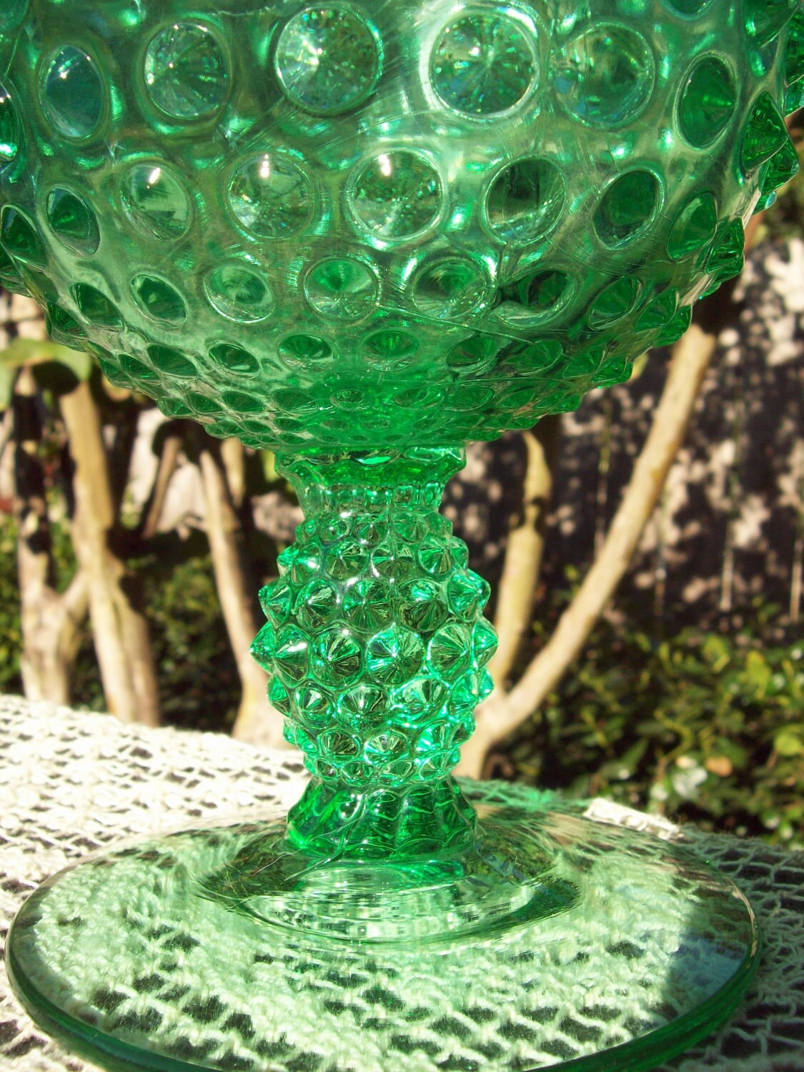 Vintage Green Glass Hobnail Goblet Vase