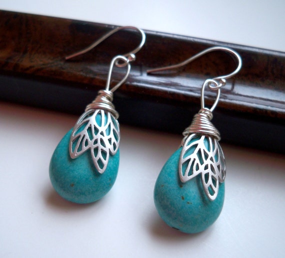 Turquoise and Silver Leaf Bead Cap Earrings - Dakota Sky