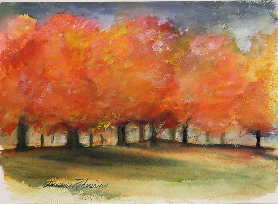 Original Watercolor Painting AUTUMN STORM fall color maple