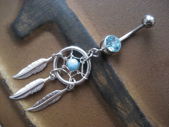 Dream Catcher Belly Button Ring Bright Turquoise Teal Beaded