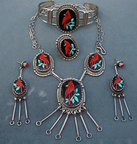 Vintage Signed Zuni Native American Sterling Inlay Set Museum
