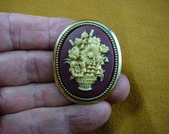 Bouquet of wild spring flowers in basket cameo pin pendant brass brooch cm46-21