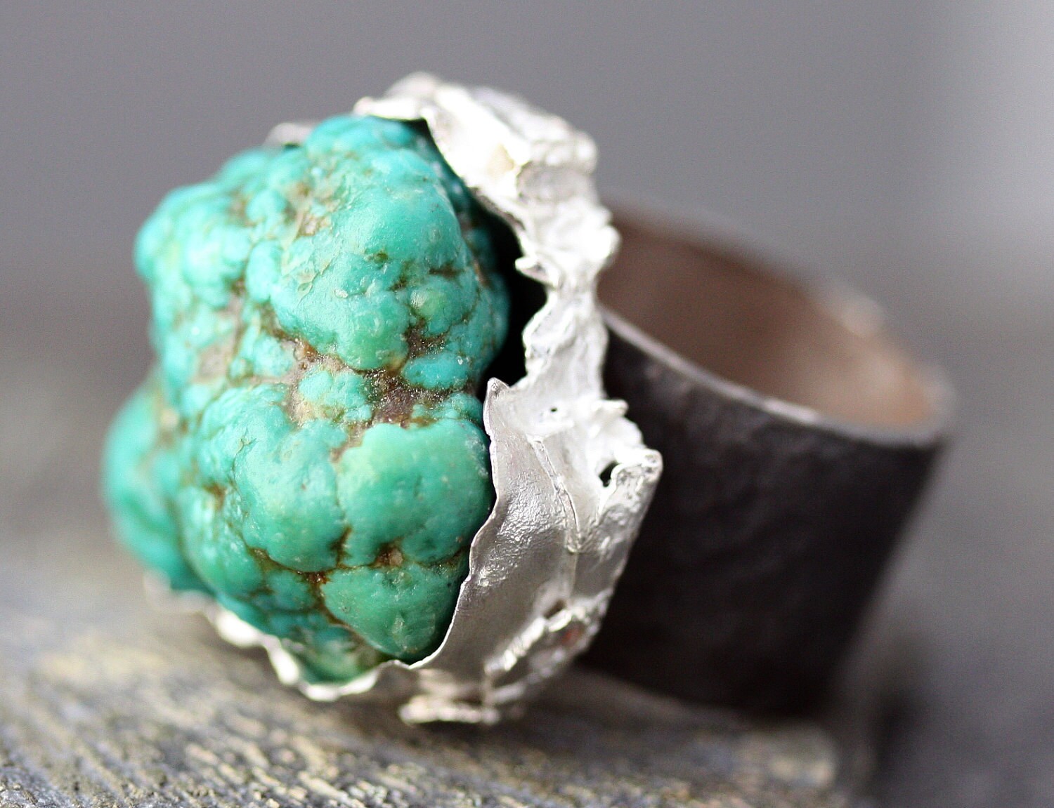 Raw Sleeping Beauty Turquoise Nugget in Oxidized Hammered