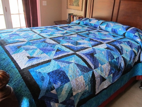 Handmade King Queen Size Blue Bouillabaisse Bed Quilt
