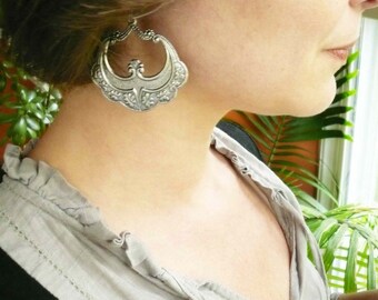Gypsy hoops Leaf hoops Silver hoops Silver earrings Large hoops Gift Big hoop earrings Antiqued big hoops Half moon Sterling silver wires