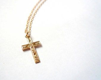 Gold cross necklace 14K gold fill Christian cross religious necklace Gift Christian necklace Heirloom necklace Simple cross gold necklace