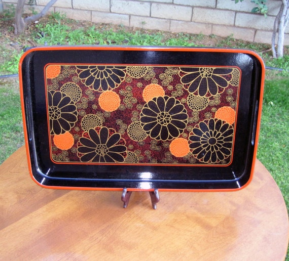 Vintage Japanese Serving Tray / Retro Orange and Black