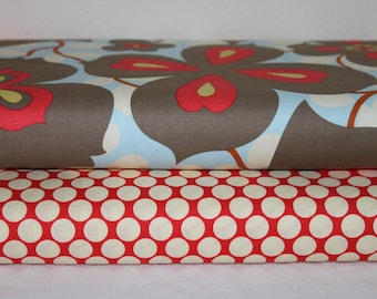 Amy Butler Fabric Duo Morning Glory Linen and Full Moon Polka Dot Cherry 2 yards total