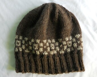 Men's Wool Winter Hat - Dark brown with oatmeal Fair Isle border