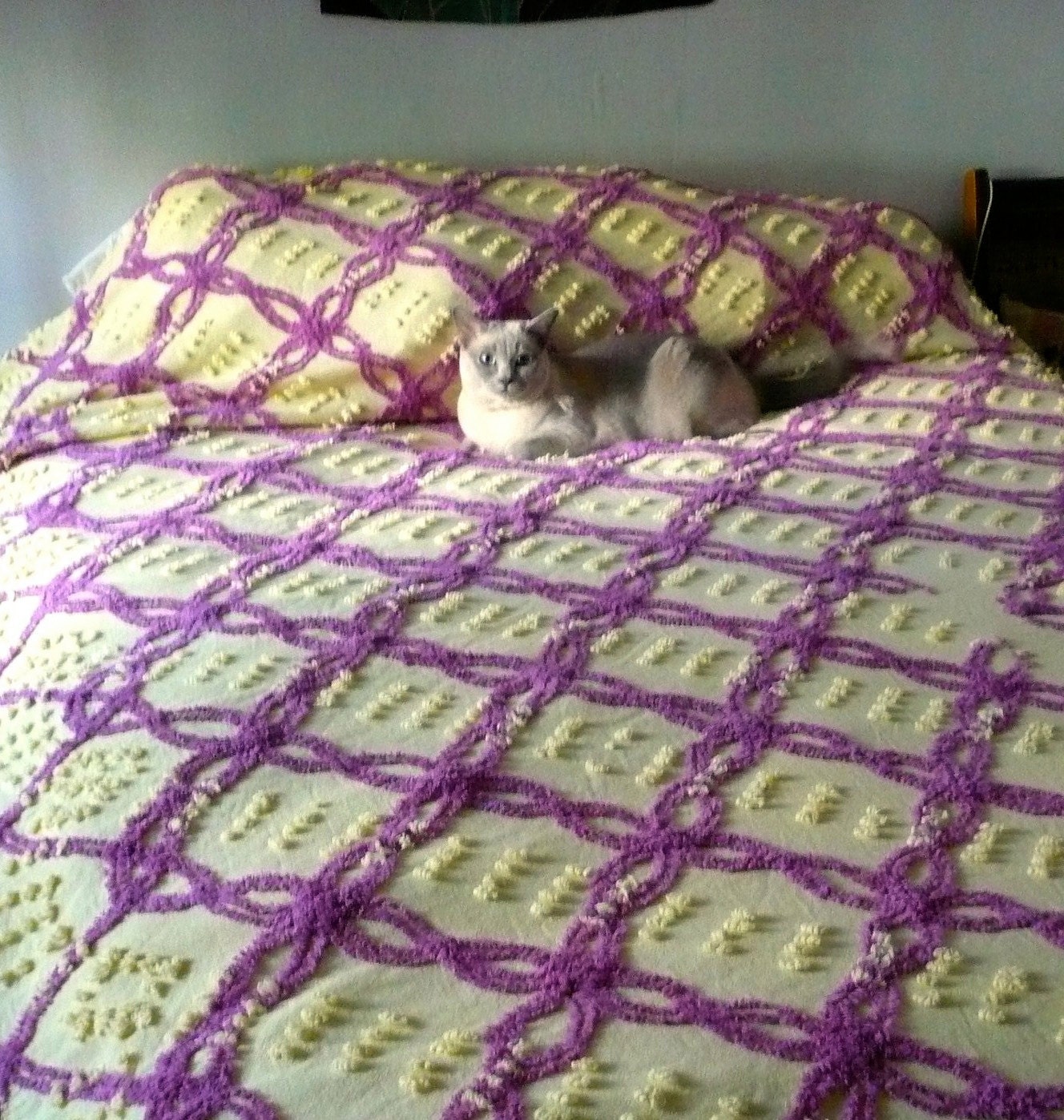 Vintage Chenille Bedspread Purple and Yellow by LunaParkVintage