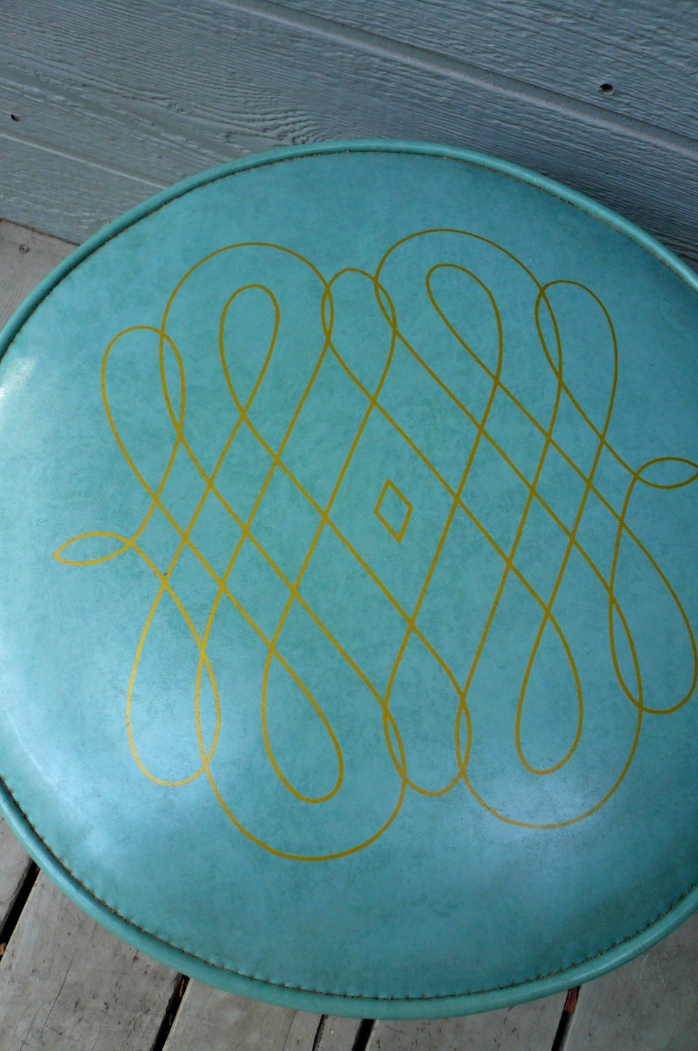 Vintage Mid Century Turquoise Vinyl Footstool