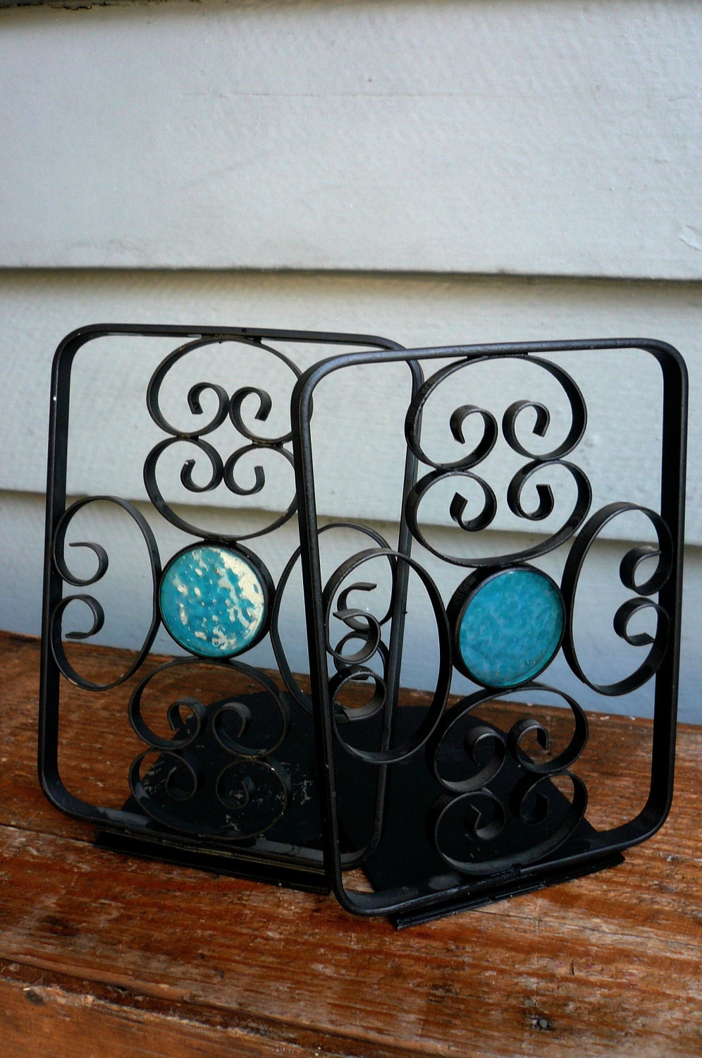 Vintage Bookends Midcentury Wrought Iron and Turquoise Disc