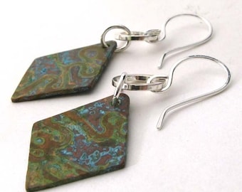 Verdigris patina earrings. Sterling silver & copper. Diamond. Organic mixed metals. Jewelry for women. Gift under 50. Buffalo for Hire.