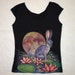 Black Friday Sale - Handpainted River Rabbit tshirt - eco friendly ink on black cotton scoop neck - womens size Large, OOAK