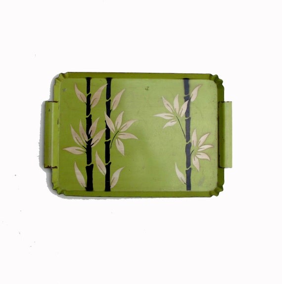 50s Serving Tray Lime Green Bamboo Motif Metal .. Heavier than