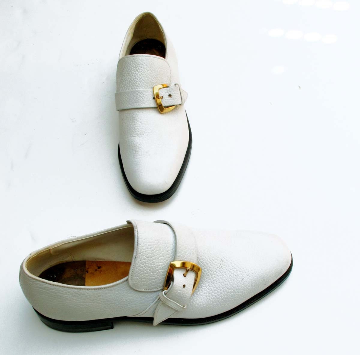 mens white loafers with gold buckle
