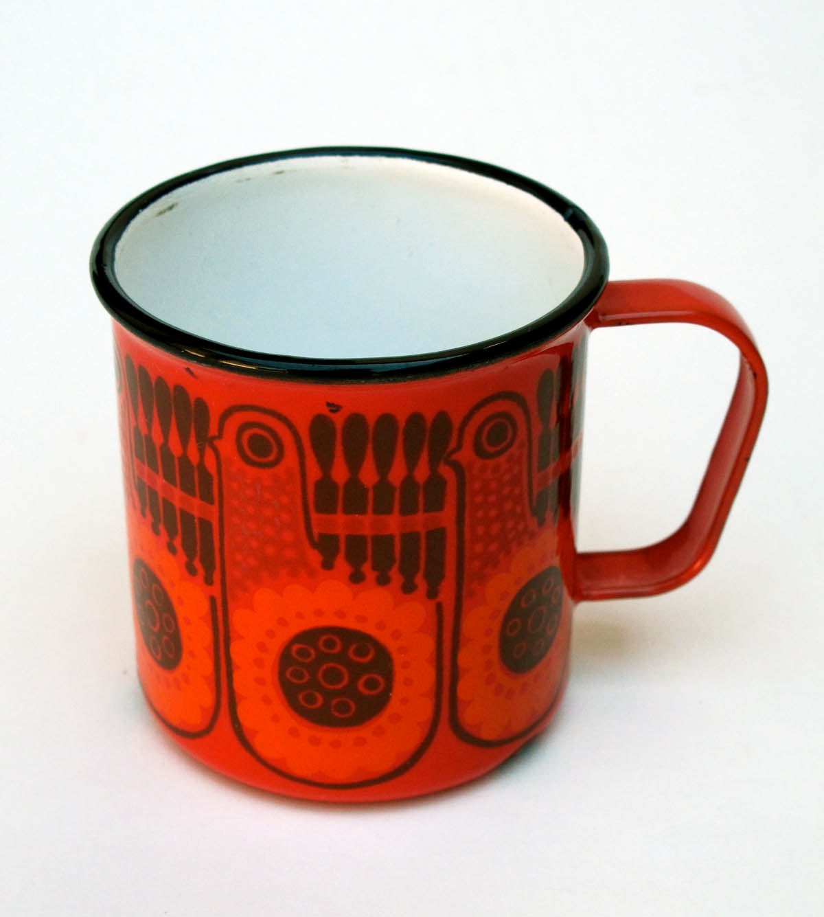 60s Vintage Finel Finland Enamelware Mug Orange Red Quail