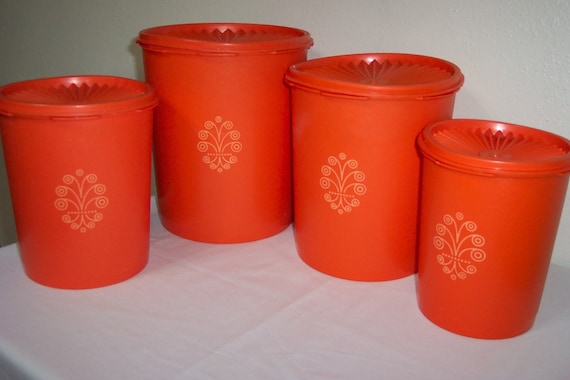 Vintage 1970s Tangerine Orange 4 pc Tupperware Canister Set