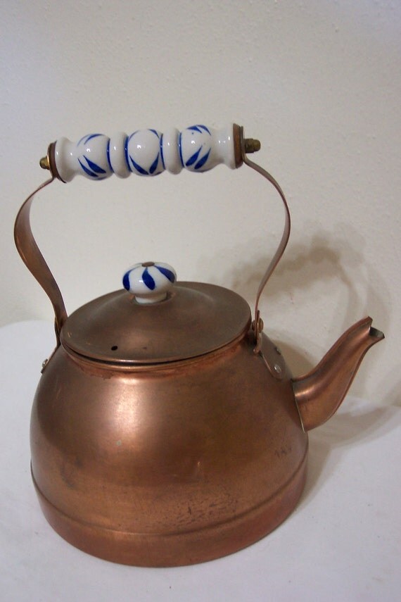 Copper Tea Kettle with Blue and White Porcelain Handle