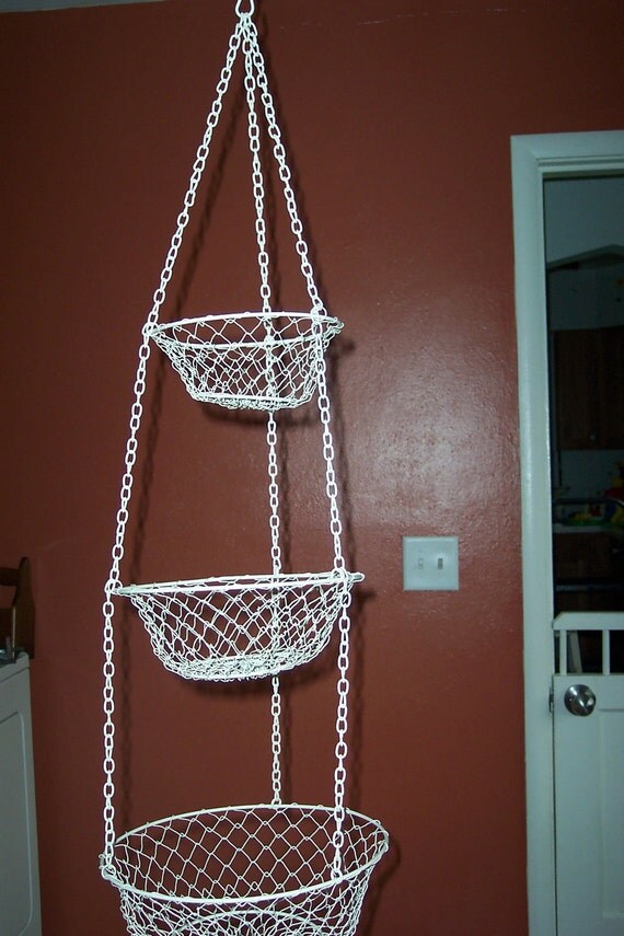 Wire Mesh Baskets 3 Tiered Hanging White Coated Wire
