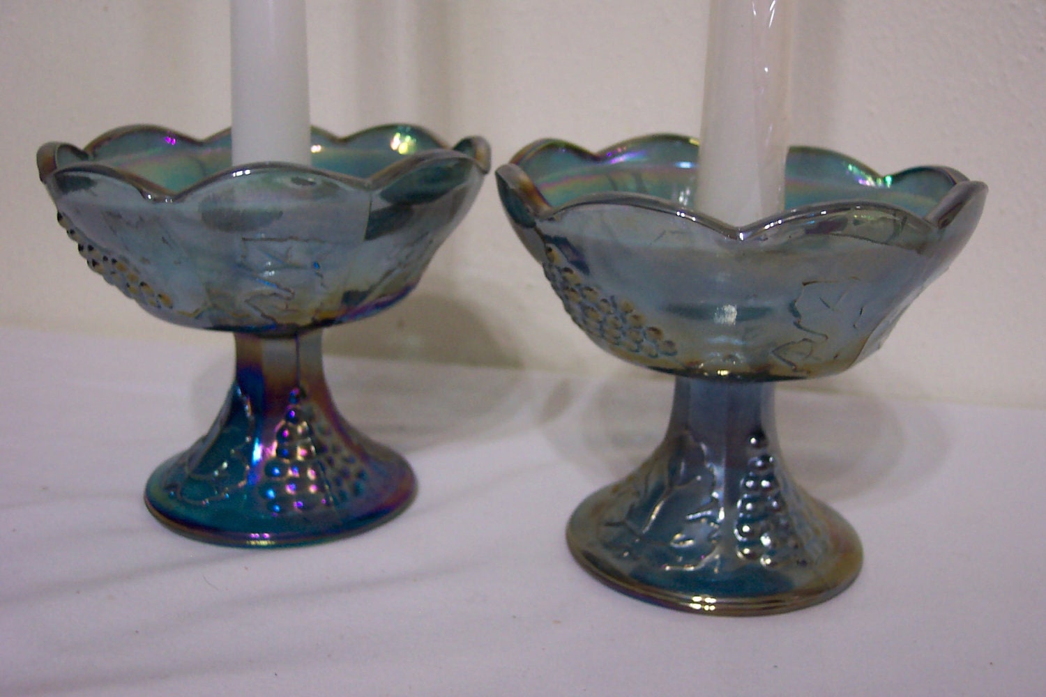 Blue Carnival Glass Candle Holders Set of 2 Harvest Grape