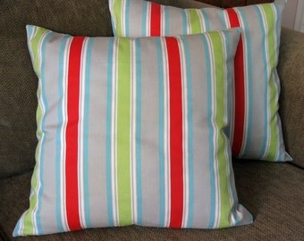 Decorative Pillow Covers, Set of TWO 18" x 18", Red,Aqua,Lime,Gray and White Stripe