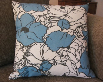 Decorative Pillow Cover, 18" x 18", Blue, Charcoal and Cream Floral Print