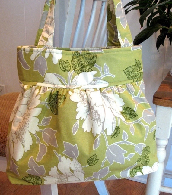 Handmade Gathered Fabric Bag in Amy Butler Lime Lotus Peony