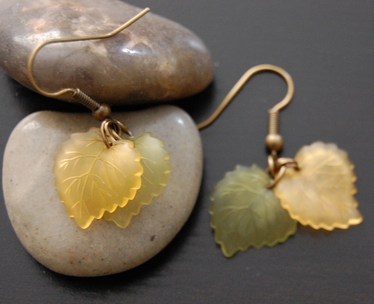 Yellow and Green Leaf Earrings in Brass