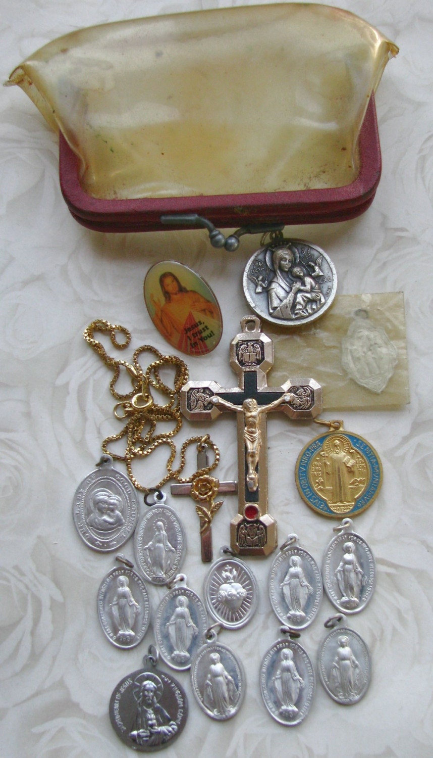 Old religious medals relic crucifix scapulars rosaries