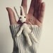 Marius" Crocheted whited natural linen rabbit brooch. Eco friendly toy