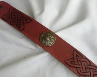 Wristband-Leather Celtic knot design with concho, hand carved