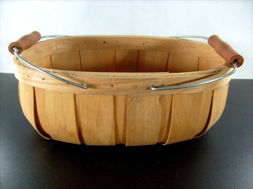 Vintage Wood Fruit Picking Basket Oval Lovely Two Handle