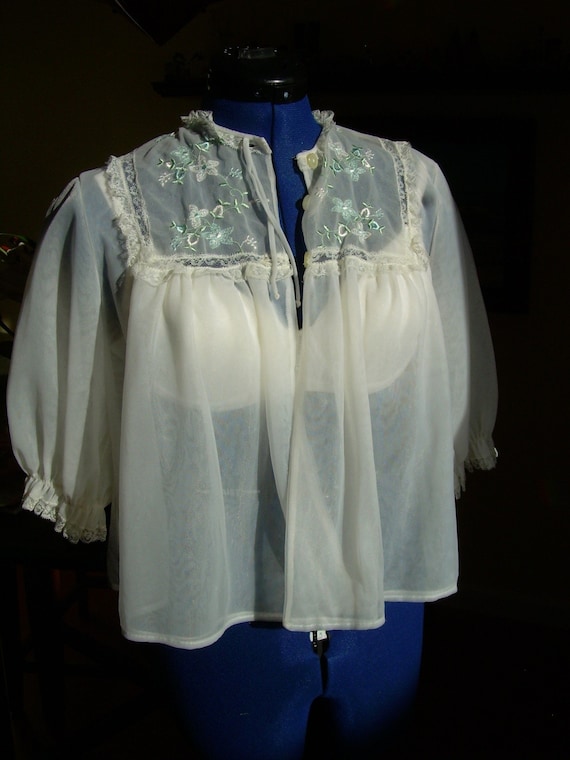 VINTAGE Embroidered BED JACKET sheer white large by stilettoRANCH