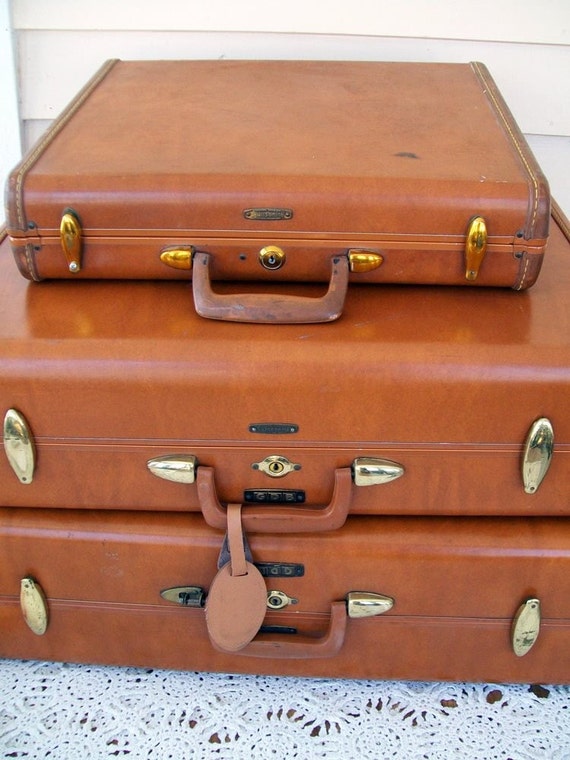 Vintage Samsonite Brown Leather Like Luggage set With