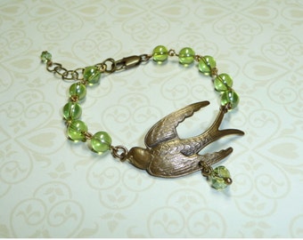 Free Shipping - Green Beads and Swallow Bracelet - B1180