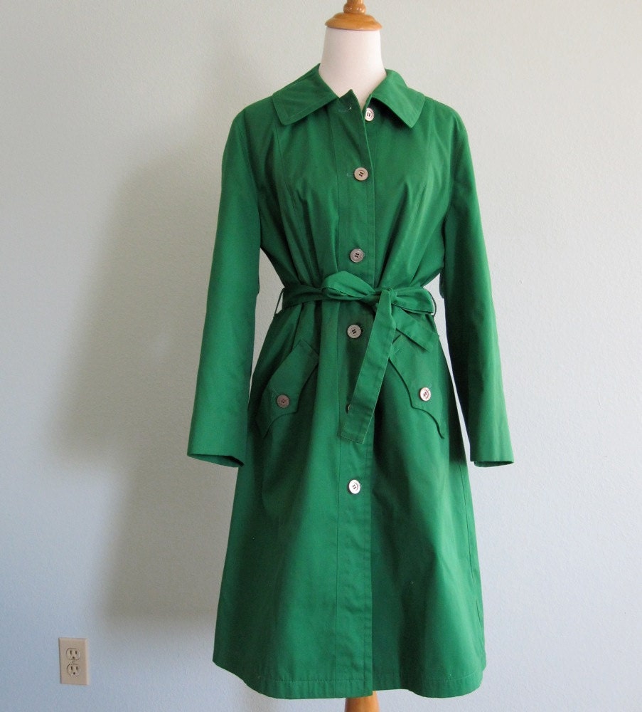 Vintage 70s Coat Gorgeous Kelly Green Trench by Misty Harbor