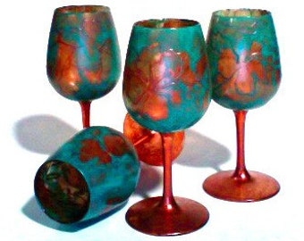 Hand Painted Wine Glasses Set of Four Copper and Teal Floral