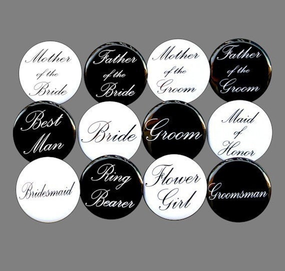 Custom Bridal Party Buttons Pins Badges 1 1/2 inch Set of 12
