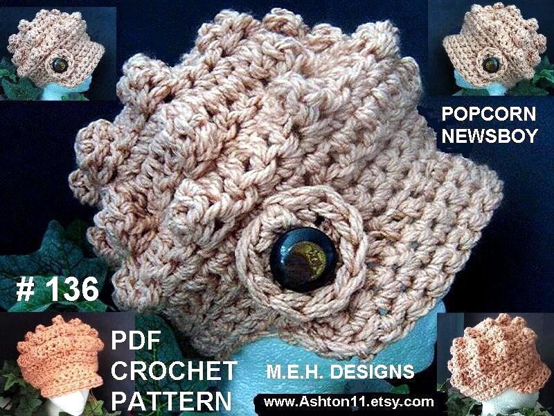 CROCHET PATTERN 136.... JUMBO POPCORN STITCH NEWSBOY HAT...