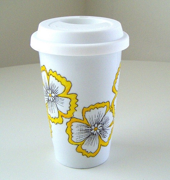 Ceramic Travel Mug Modern Flowers Hand Painted Yellow by sewZinski