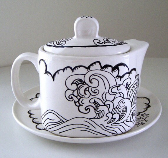 Tea Pot Set Mug Saucer Ceramic White Black Japanese by sewZinski