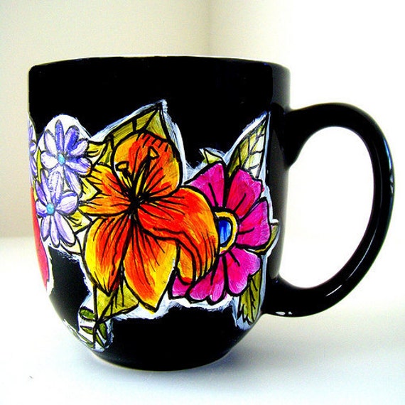 Ceramic Coffee Mug Flowers Hand Painted Roses Cup by sewZinski