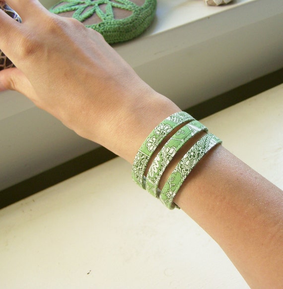 Fabric cuff bracelet dainty green floral triple strand
