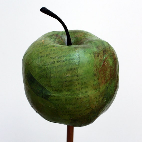 Folk Art Paper Mache Green Apple Fruit Sculpture